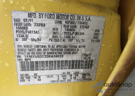 2002 Ford Escape Xlt from USA, damaged, VIN 1FMYU03122KA38022